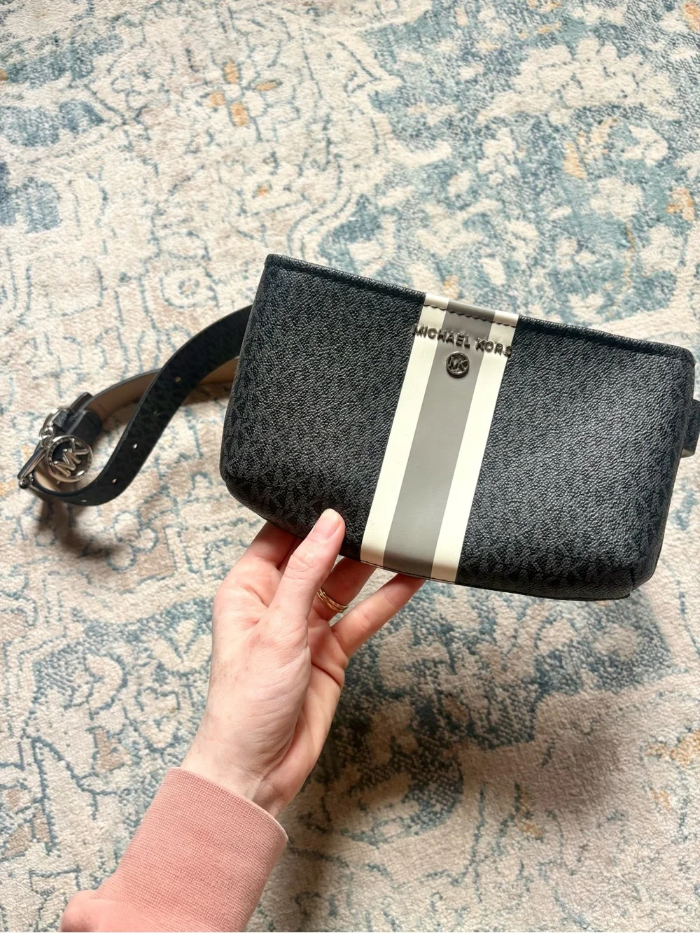 Michael Kors Black Monogram Striped Belt Bag Designer NEW Never Used Travel Bag